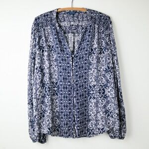 Lucky Brand Peasant Floral Top Womens Large Navy White Boho Cottagecore Coastal